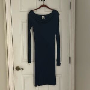 Blue - t- length, knit- fitted. Draped neck or off the shoulder- worn once